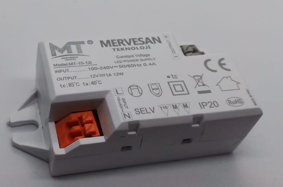 Mervesan MT-15-12İ 12W 12V 1A IP30 Plastik Kasa Sabit Voltaj AC/DC SMPS Adaptör