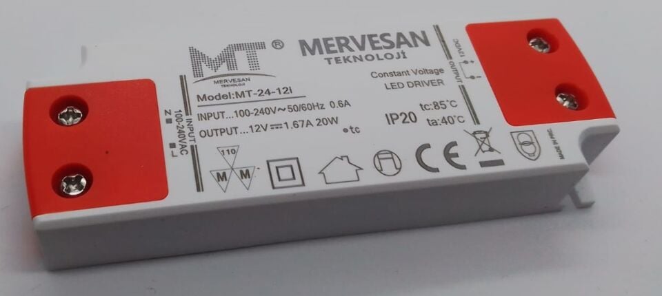 Mervesan MT-24-12İ 24W 12V 1.67A IP30 Plastik Kasa Sabit Voltaj AC/DC SMPS Adaptör