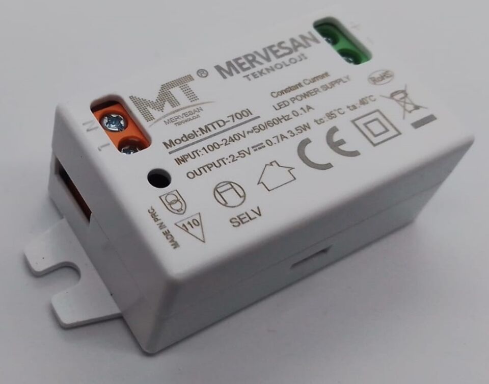 Mervesan MTD-09-350i 12-24V 350mA 8.4W IP30 Plastik Kasalı Sabit Akım AC/DC SMPS LED Driver