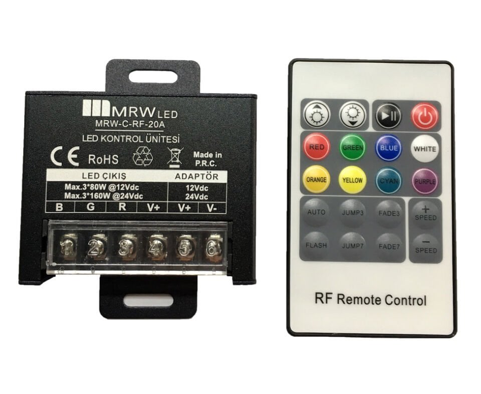 Mervesan MRW-C-RF-20A 20A 12/24V RGB Şerit LED Kumandası RF Kontrol