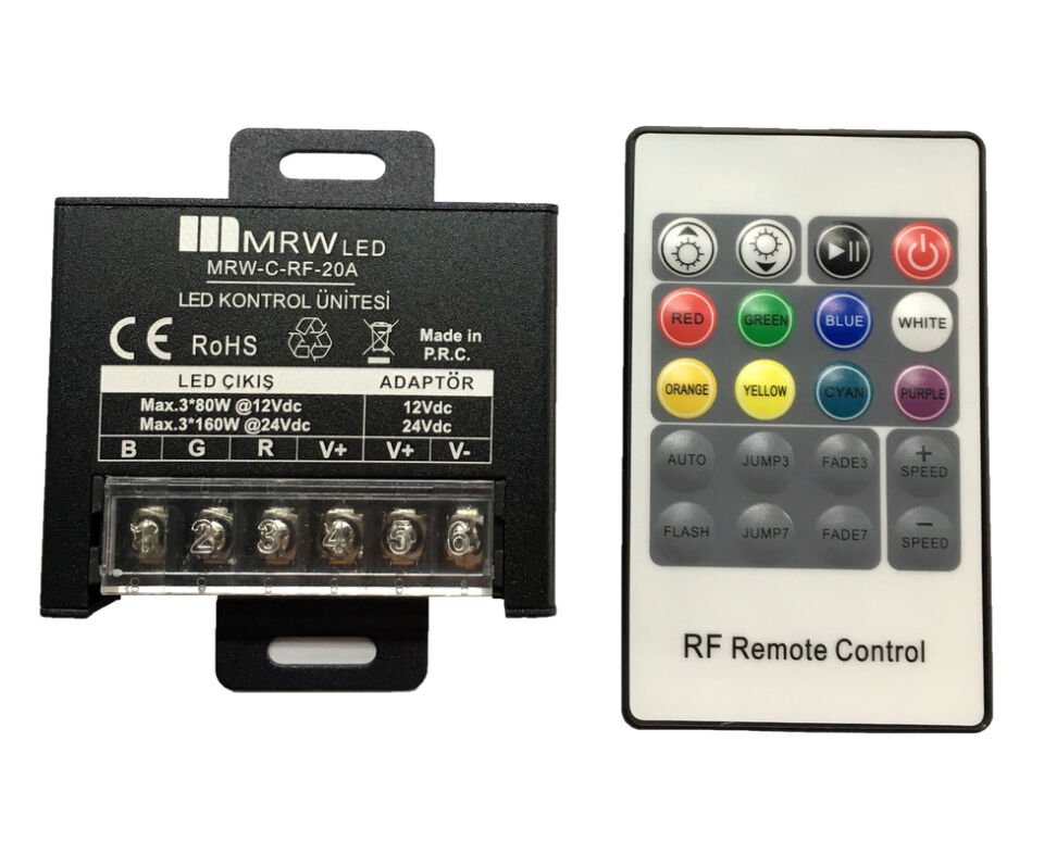 Mervesan MRW-C-RF-20A 20A 12/24V RGB Şerit LED Kumandası RF Kontrol