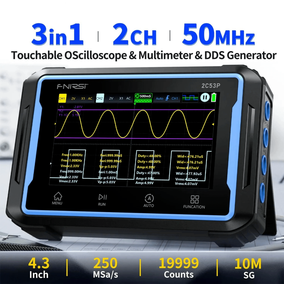 Fnirsi 2C53P 3in1 50MHz 2 Kanal 250MSa/s El Tipi Dijital Tablet Osiloskop & Multimetre & Sinyal Jeneratörü