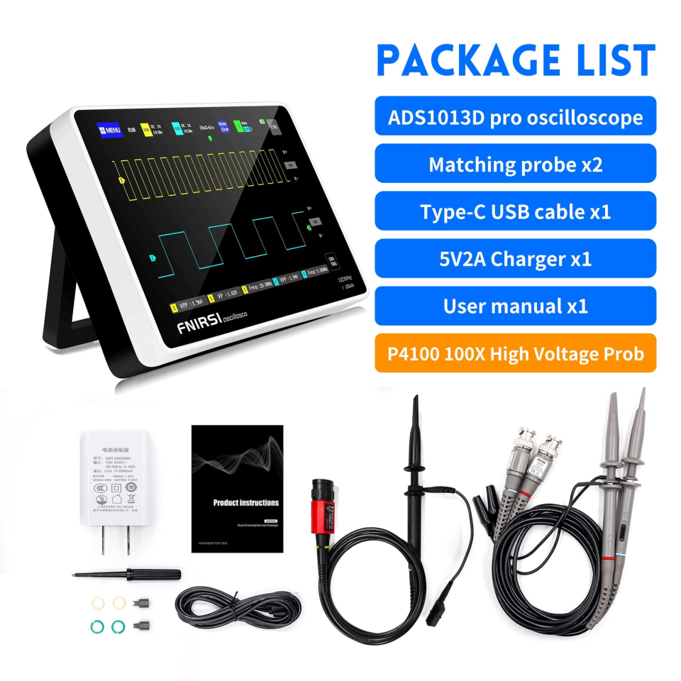 Fnirsi ADS1013D   2 Kanal 100MHz 1GSa/s  Dijital Dokunmatik Tablet Osiloskop + P4100 Prob Dahil