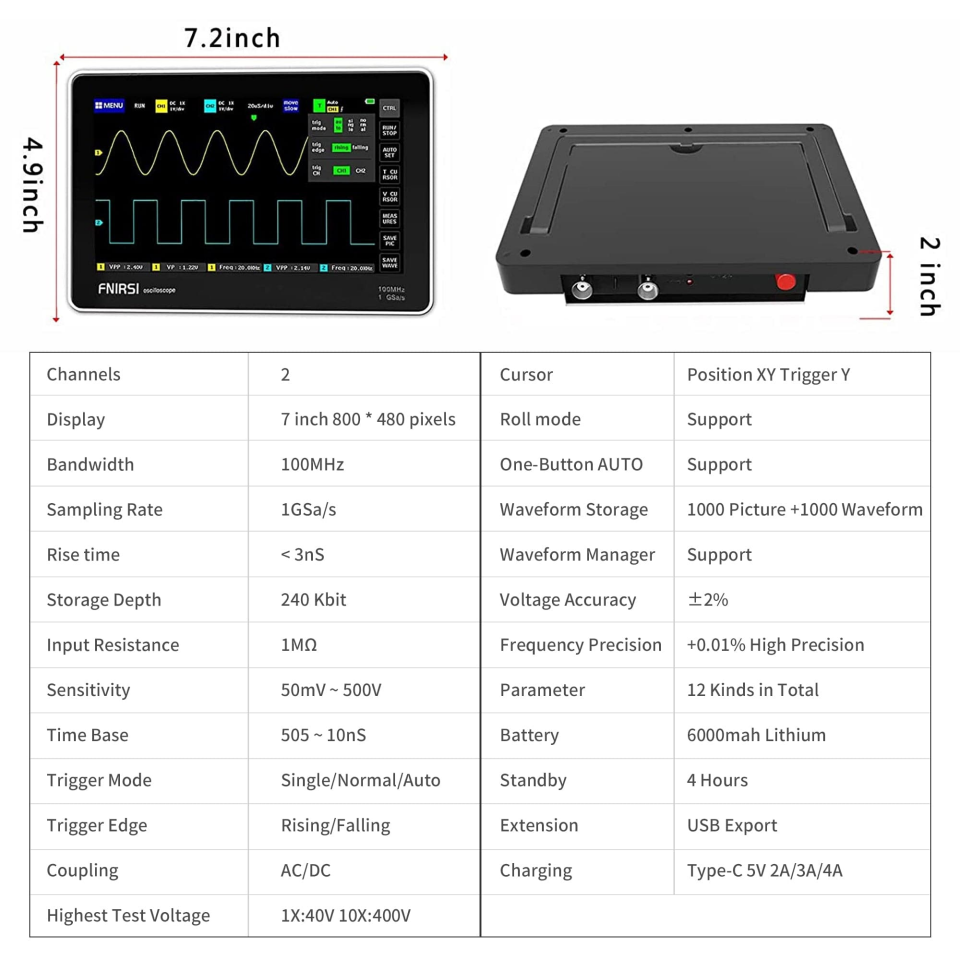 Fnirsi ADS1013D   2 Kanal 100MHz 1GSa/s  Dijital Dokunmatik Tablet Osiloskop + P4100 Prob Dahil